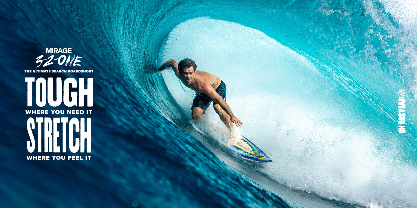 Surfer riding a wave with text about Mirage 32 One shoes.