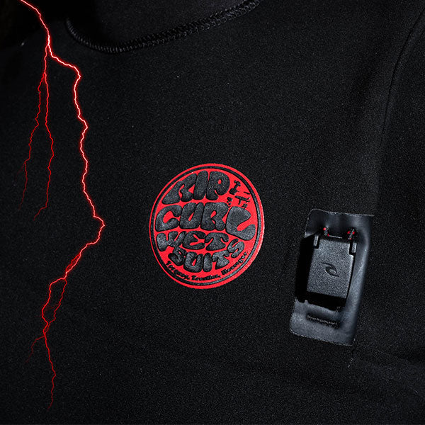 Wetsuit with a red and black logo and a black buckle detail.