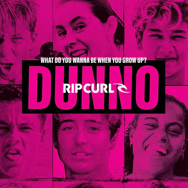 Collage of faces with 'Dunno' and 'Rip Curl' text on a pink background